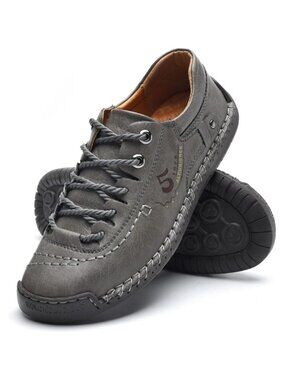 Alcubieree Men Grey Leather Casual Fashion Loafer Driving Rubber Sole Sneakers